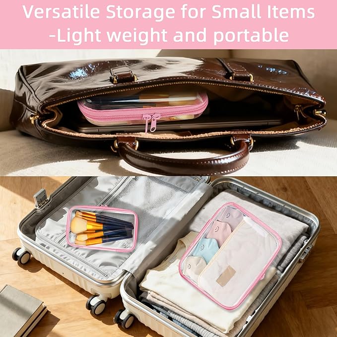 Clear Hard Shell Zipper Case,Clear Toy Storage Pouch,Waterproof Transparent Organizer Comestic Case for Travel, Office, Home (Pink, 3*M)