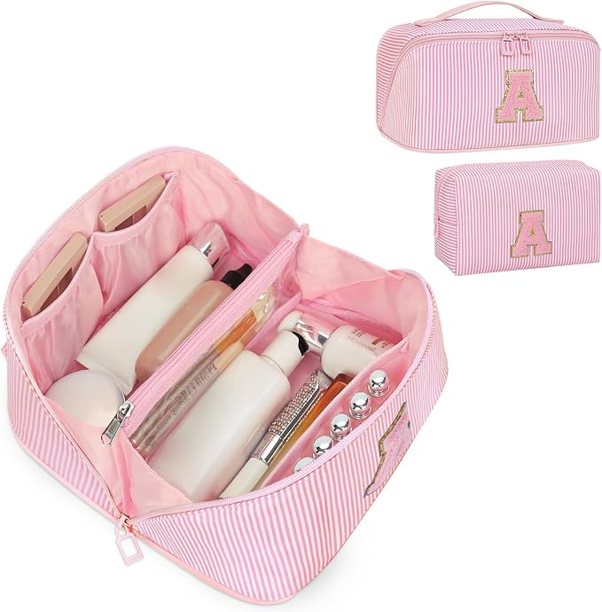 Initial Makeup Bag, Portable Water-resistant Monogram Cosmetic Bag Set, Travel Toiletry Bag with Brush Holder, Personalized Gifts for Friend Teacher Mom Wife, Pink A