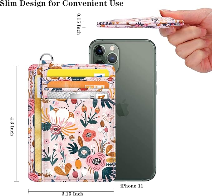 Coco Rossi Slim Front Pocket Wallet RFID ID Card Holder Cute Small Wallet with Keychian for Women, Pink Flowers