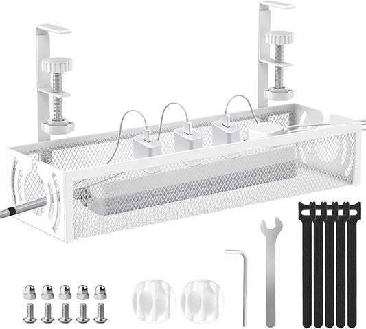 Cable Management, 15'' Under Desk Cable Management Tray No Drill, Metal Cable Organizer with Clamp for Wire Management, Cord Organizer for Home Office, Desk Accessories Organizer, White