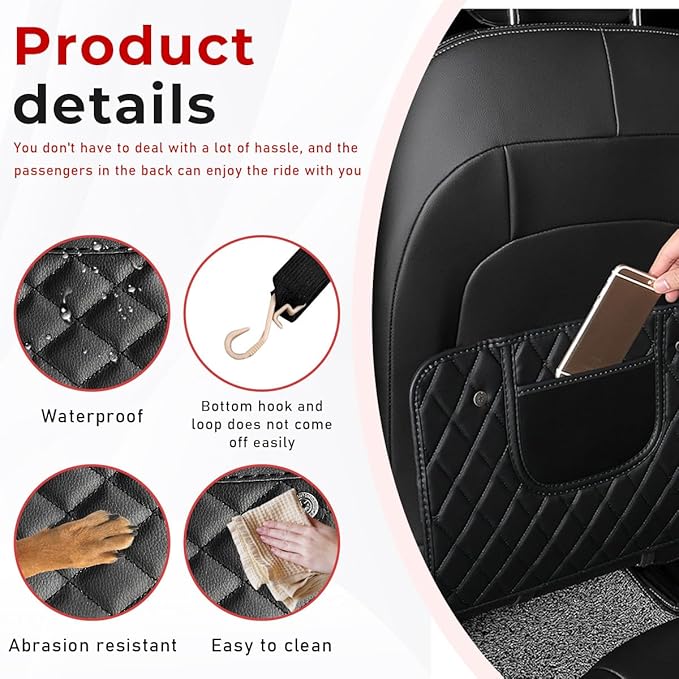 2 PCS Car Kick Mats, Leather Back Seat Protector with Storage Bag, Waterproof Automotive Backseat Cover Pad Prevent Kids Dirt Mud and Scratch, Interior Car Accessories(Black & Black)