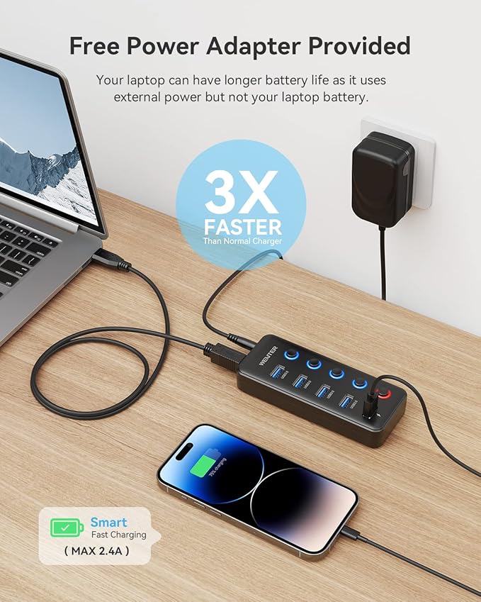 Powered USB Hub, Wenter 5 Ports USB 3.0 Hub (4 Data Transfer Ports+ 1 Smart Charging Port) with Individual LED On/Off Switches, USB Hub 3.0 Powered with 15W Power Supply for PC, MAC