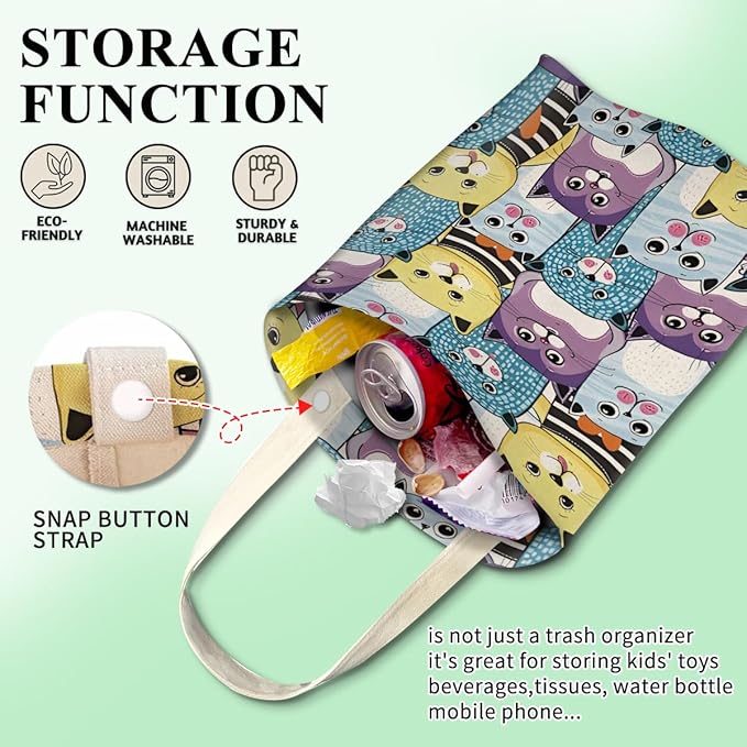 Car Trash Can, Cute Car Trash Bag, Hanging Car Organizer and Storage Bag, Trash Bin for Car Accessories, Vehicle, Travelling, Camping Cute Cartoon Cats