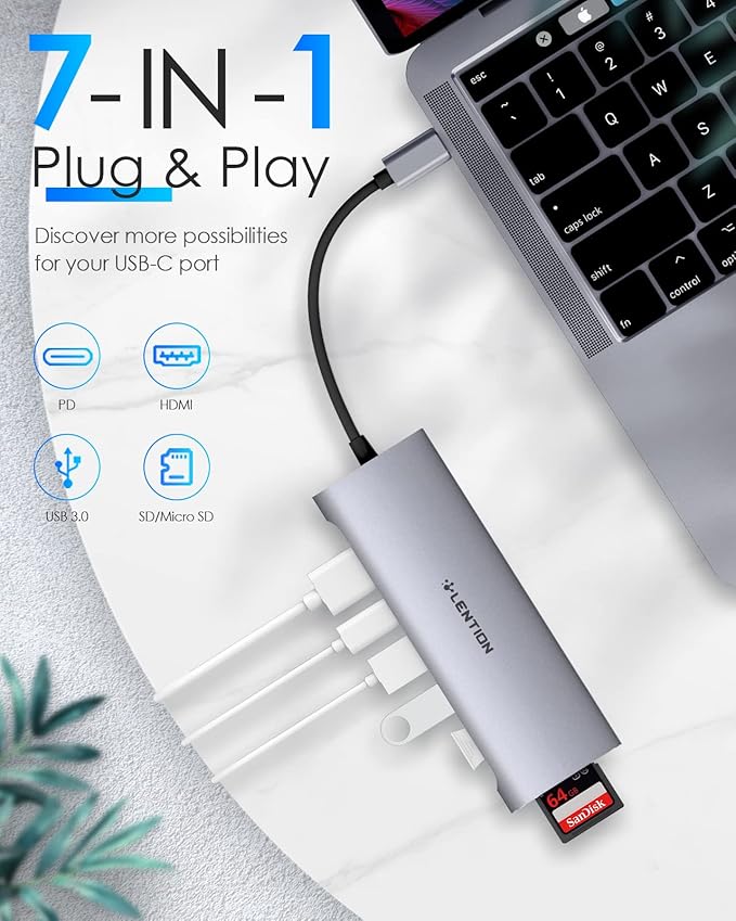LENTION 7-in-1 USB C Multiport Hub with 4K HDMI, 100W PD, 3 USB 3.0 Ports, SD/MicroSD Card Reader Compatible MacBook Pro/Air/Neo 2016-2026 Stable Driver Adapter (C36B, Space Gray)
