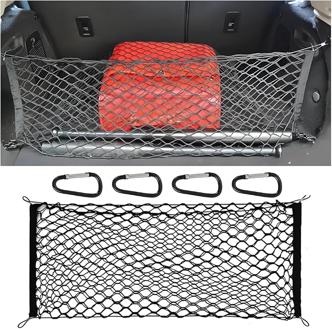Osilly Car Rear Cargo Net, Double-Layer Adjustable Stretchable Elastic Storage Organizer Net, Trunk Cargo Storage Mesh Net with Hooks, Car Interior Accessories (51.2"x17.7")