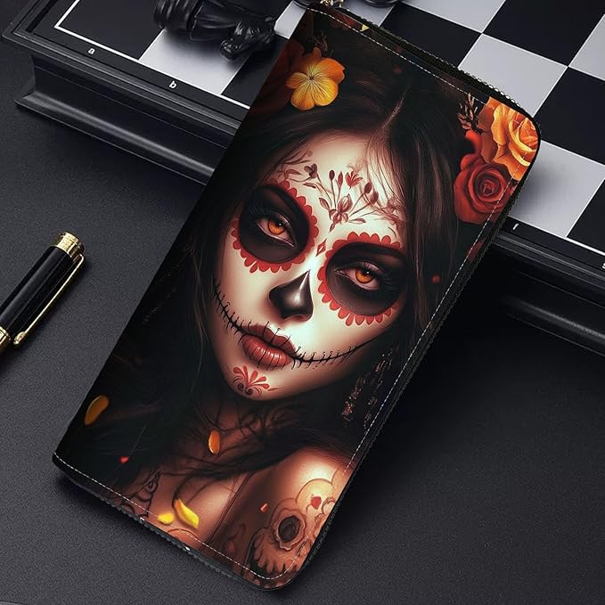 RFID Blocking Leather Wallet for Women – Large Capacity Zip Around Clutch with 8 Card Slots,43 Cash Pockets & Coin Zipper,Day of The Dead Girl Art