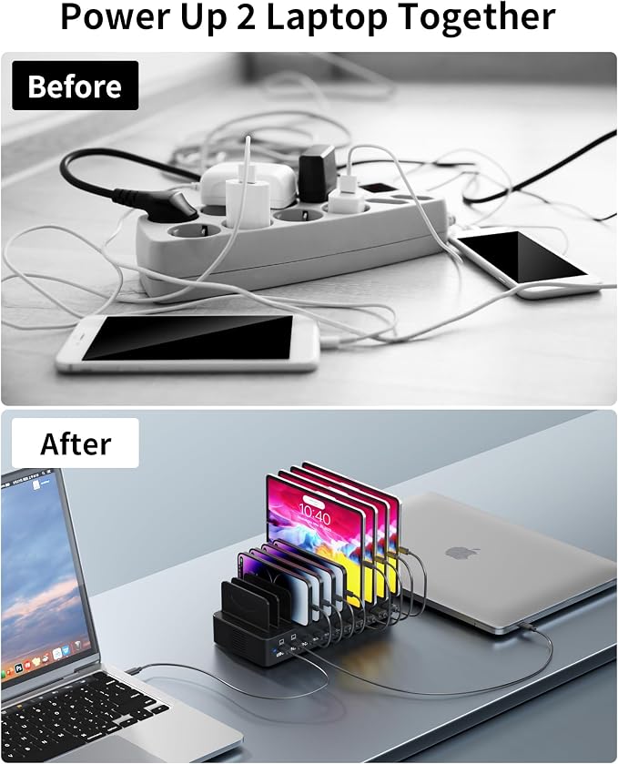 580W Charging Station for Multiple Devices, 10-Port USB C Fast Charger Station, Dual PD 100W Charging Dock with Adjustable Dividers & 6 Cables-Device Organizer for Laptop MacBook, iPhone, iPad