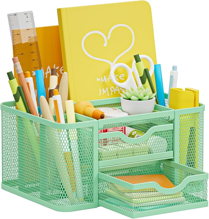 Marbrasse Mesh Desk Organizer, Pen Organizer with 2 Drawer, Multi-Functional Pencil Holder, Desk Organizers and Accessories with 5 Compartments + Drawer for Office Art Supplies (Green)