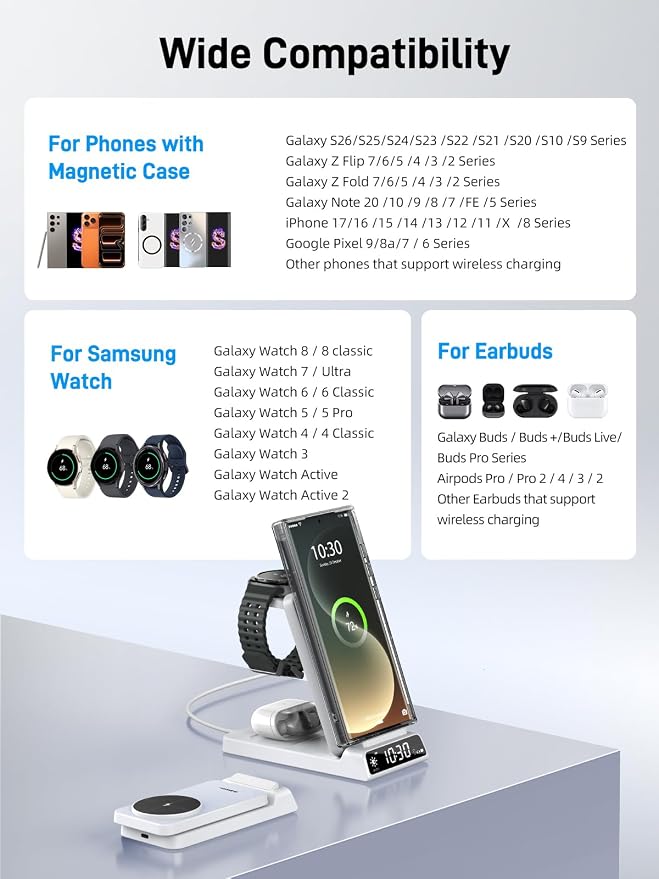 Magnetic Wireless Charger for Samsung, 3 in 1 MagSafe Charging Station for Samsung Galaxy Z Fold/Flip 7/S26 Ultra/S25 Ultra, Foldable Charger for Samsung Galaxy Watch Ultra/8/7/Galaxy Buds4 (White)