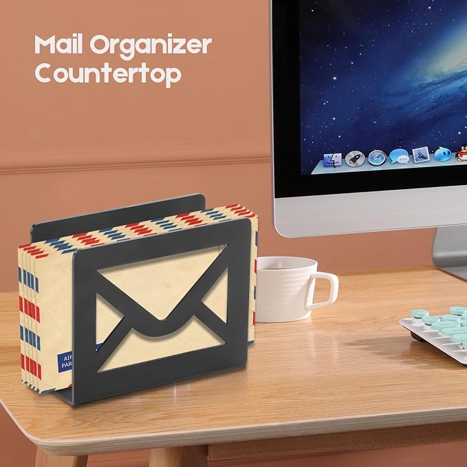 Desktop Metal Mail Holder,Modern Black Letter Organizer for Desk with Cutout Envelope Design,Home and Office Envelope and Document Storage Rack (Black)