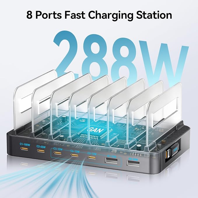 288W GaN 8-Port USB Charging Station, Retractable Cable with Cooling Fan & Detachable Organizer for MacBook, iPhone, iPad, Samsung, Laptop, Tablet - Black