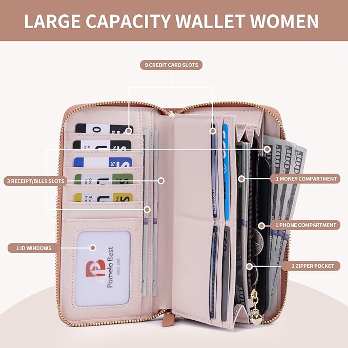 Pomelo Best Womens Wallet RFID Blocking Leather Multi Credit Card Large Capacity Wristlet Zip Around Long Wallets for Lady