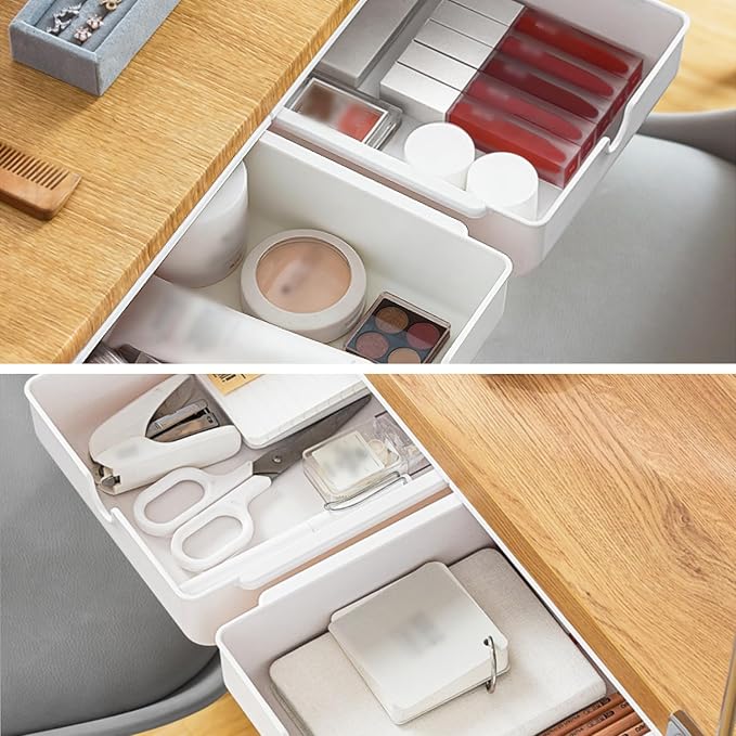 FRETONBA Under Desk Drawer Self-Adhesive Hidden Desktop Organizer, Attachable Desk Drawer Slide Out, Table Storage Tray for Stationery Home Office Organization Medium White