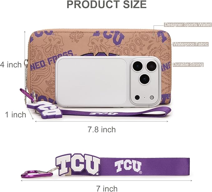 TCU Organizer Wallet with RFID Blocking Card Slot & Keychain, TCU Team Logo Wristlet Wallet, Zip Clutch Purse for Gift, Game Day, Travel | Khaki, NC-TCU011KH