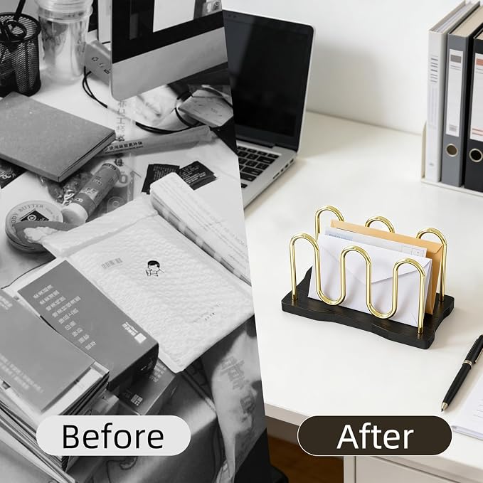 Mail Holder Organizer Countertop, Metal Mail Sorter for Desk, Cutout Mail Storage Bills Organizer Letter Tray Design with Bamboo Base for Home Office (Black)