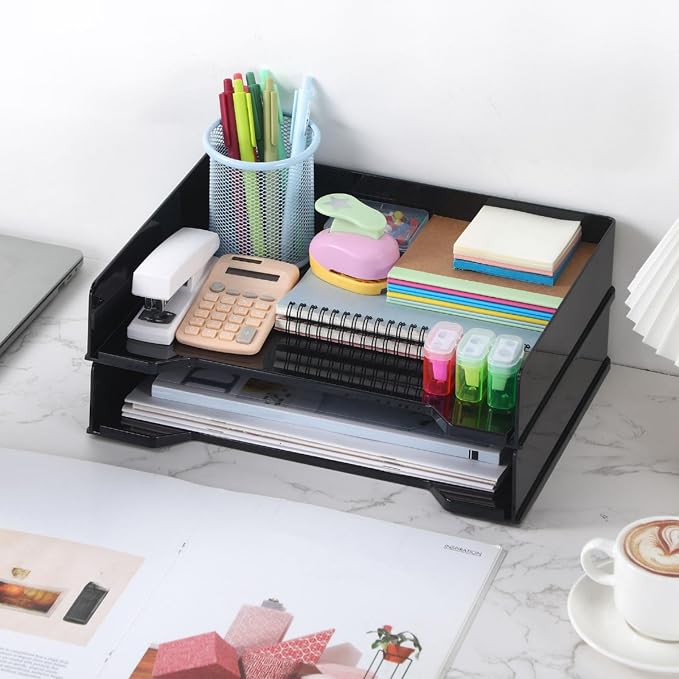 DoubleFill 2 Pcs Stackable Letter Tray Rectangular Plastic Desk Organizer 13 x 9.5 x 2.6 in Paper Holder File Tray Accessories Rack for Desktop Office Desk Drawers (Black)