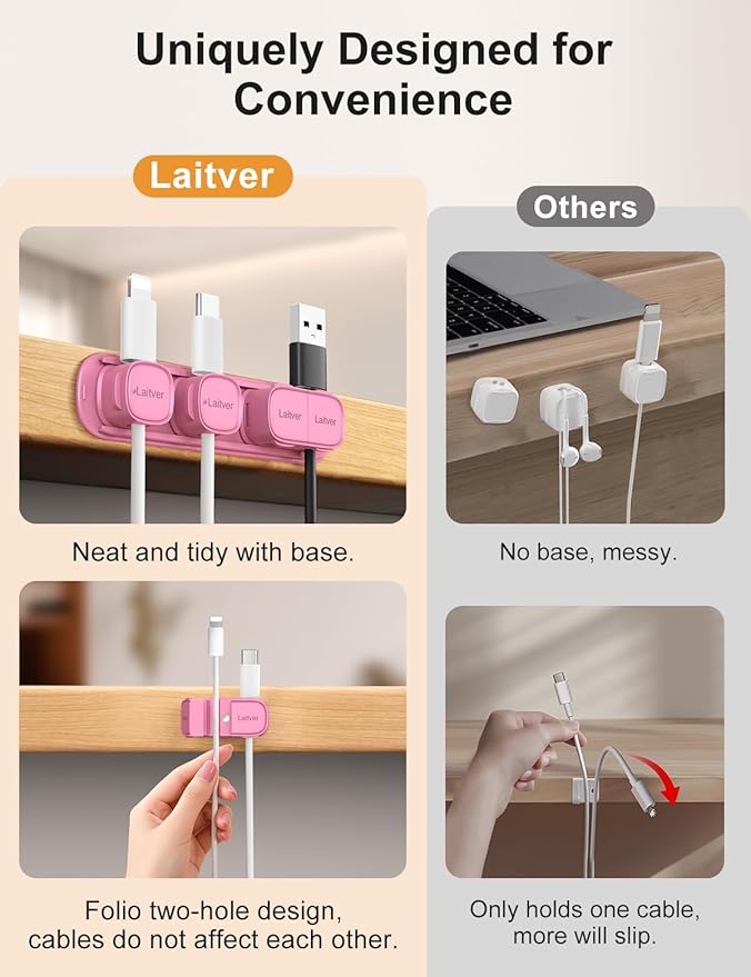 6 Pack Magnetic Cable Clips [1s Open/Lock], Laitver Cord Organizer Holder Strong Adhesive Desk Cable Management- Organize Charging Cords Neatly for Home, Office, Car,Desk, Nightstand-Rose Red