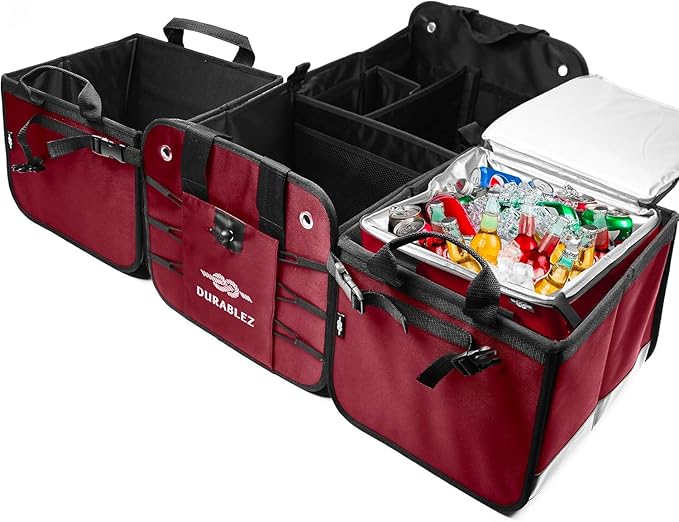 Car Cooler Bag for Trunk Organizer – Insulated Thermal Carrier for Groceries, Trips & Outdoor Use, Leak-Resistant Insert – Cherry
