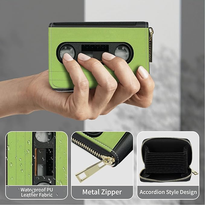 Cute Credit Card Holder with Zipper, Green Tape Cassette RFID-Blocking Card Case Small Wallet for Women Men, Multi-slot Card Organizer Case Travel Accordion Wallet