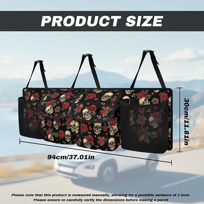 Red Rose Skull Car Trunk Organizer, Backseat Hanging Storage with 4 Large Pockets, Collapsible Cargo Bag with Adjustable Straps Sturdy Space Saving Expert for SUV, Truck, Van