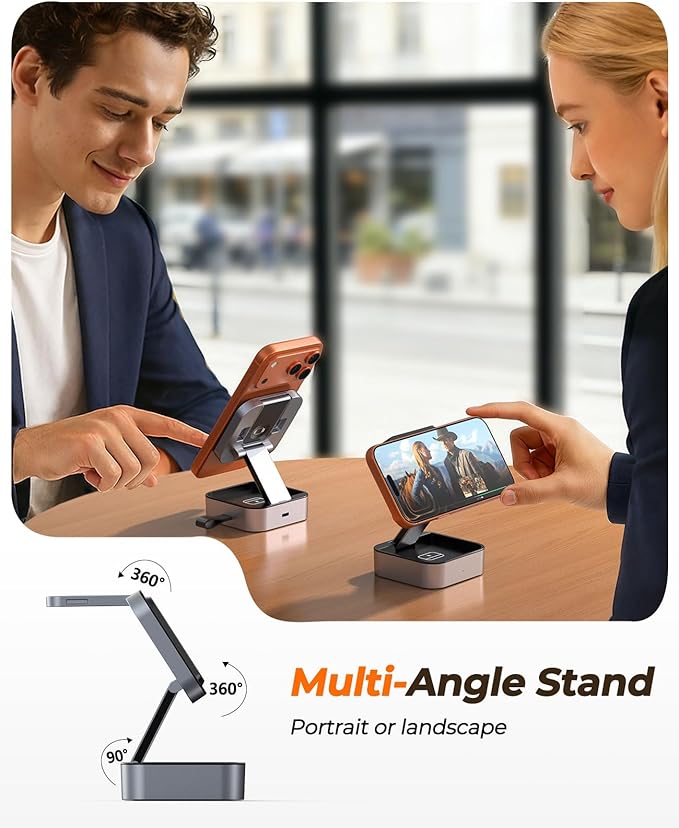 3 in 1 Wireless Charging Station for Apple Multiple Devices, Foldable Travel MagSafe Charger Stand with 20W PD Adapter for iPhone 17 16 15 14 13, Apple Watch, AirPods Pro/4 - Space Grey