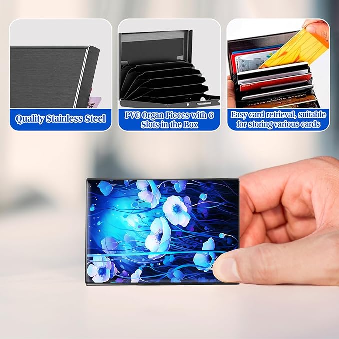 RFID Blocking Credit Card Holder - Slim Metal Wallet for Women & Men,Purple Flowers Design Stainless Steel Business Card Case,Compact Pocket Organizer for Travel & Daily Use