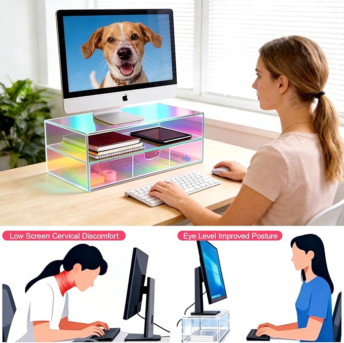 Gelite Acrylic Computer Monitor Stand for Desk Monitor Riser with Drawer Desktop Monitor Shelf with Storage, Iridescent