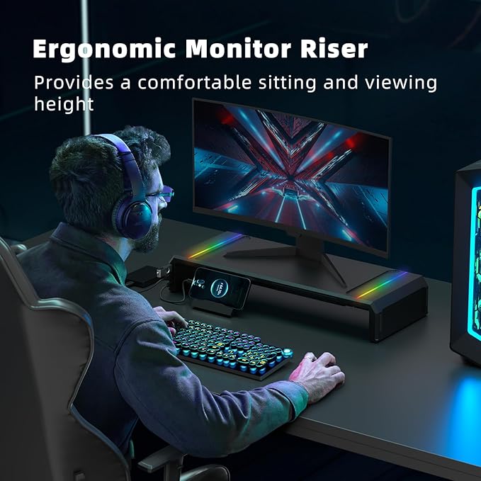 Heymaster Gaming Monitor Stand Riser with RGB Light, USB HUB Type-C Data Port, Adapter Charging, Foldable Adjustable Length Computer Monitor Phone Stand Storage Drawer & Pen Slot