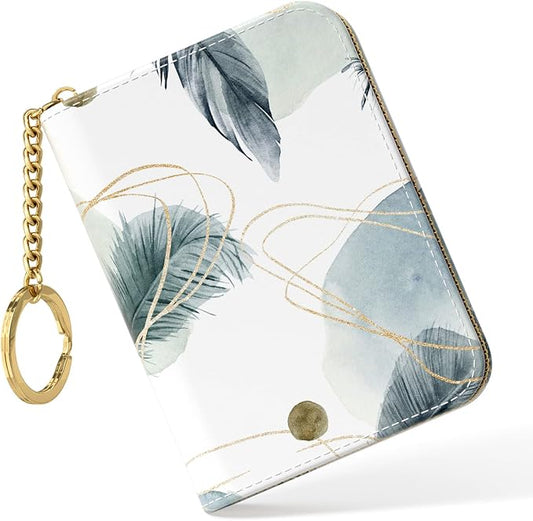 Nipichsha Credit Card Holder, Small RFID Card Wallet for Women, Slim Leather Card Holder Wallet, Credit Card Wallet Organizer, Pocket Business Card Case with Zipper & Keychain, Feather