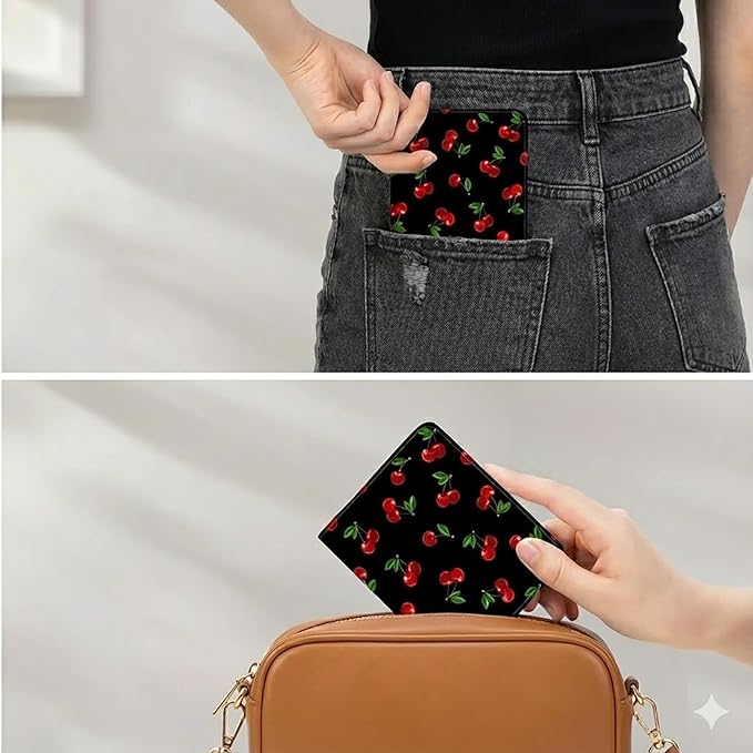 AIRMORS Women's Small Bifold Wallet, Thin Pocket Credit Card Organizer with ID Window, Zipper Coin Pouch and Key Ring for Girls Travel Cute Small (Cherry)