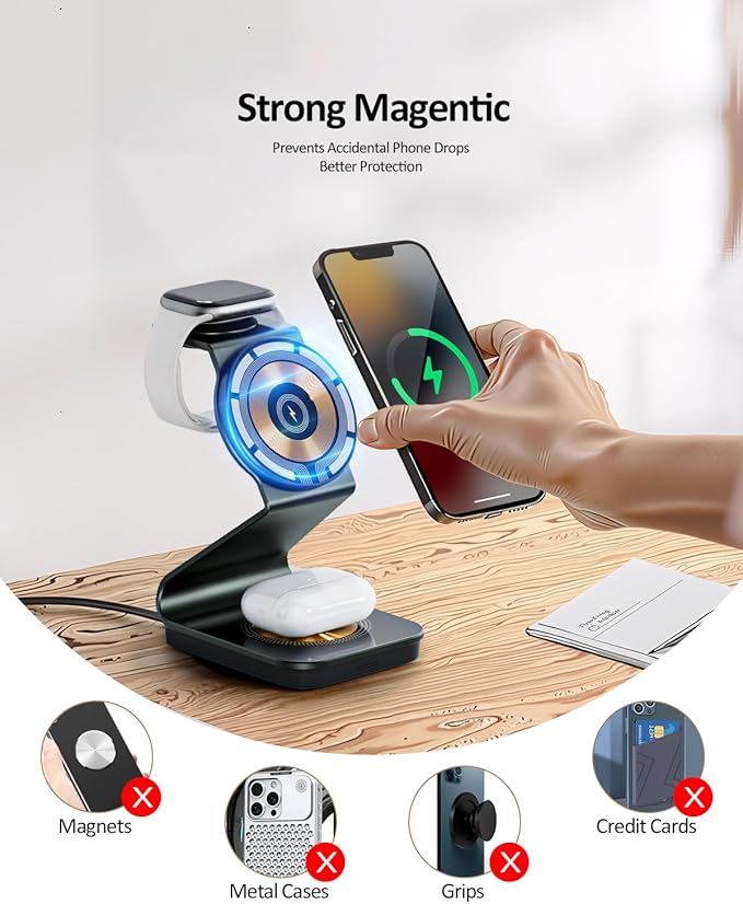 Wireless Cell Phone Charger Station 3 in 1, Magnetic Wireless Fast Phone Charger Dock Stand for iPhone 16/15/14/13/12/Apple Watch/AirPods Pro, 15W USB-C iPhone Wireless Charger, Black