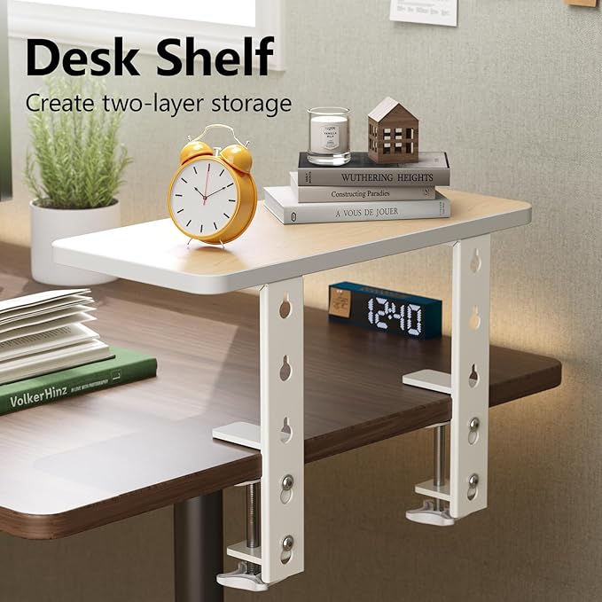 3 in 1 Clamp-on 15.7"×7.5" Desk Extender, Heavy-Duty Side/Top Desk Organizer Shelf, Adjustable Desktop Storage for Office Accessories, Monitor and Laptop Riser, Light Wood