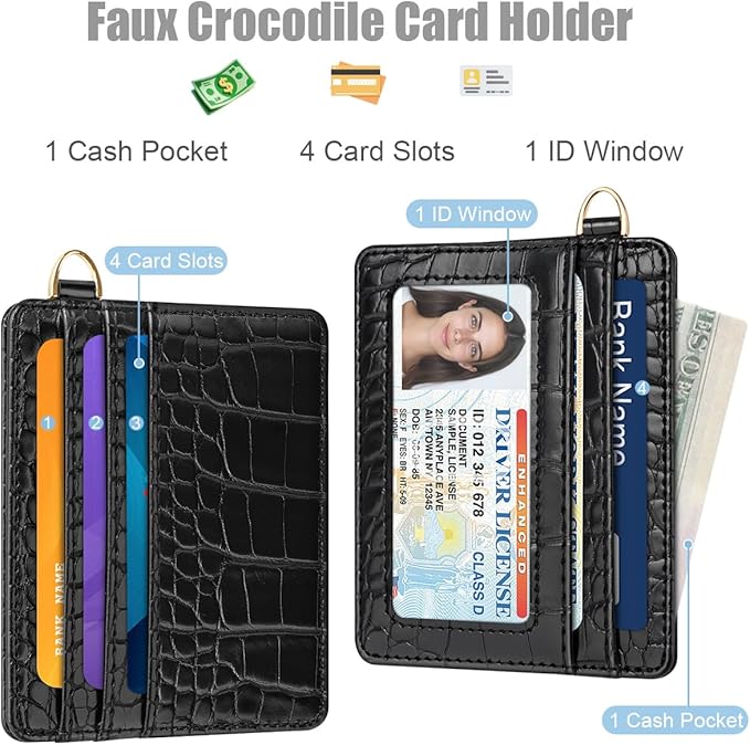 Slim Credit Card Holder Crocodile Wallet Women Thin Alligator Wallets RFID Blocking Minimalist Lightweight Small Cute Cards Holders with ID Window, Black