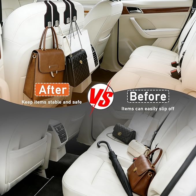 2 Pack Leather Car Headrest Hooks, Double Hook Heavy Duty Purse Holder, 360° Rotating Seat Back Organizer Holds 55 lbs for Handbags, Grocery Bags, Universal Fit Car Accessories, Black