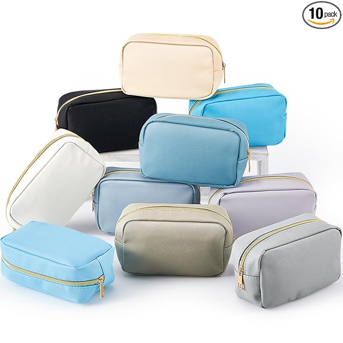 Sweetude 10 Pcs Makeup Bag Bulk for Women Preppy Gift PU Leather Cosmetic Bag Small Skincare Toiletry Pouch Mother Travel Cosmetic Pouch for Bridesmaid Bride Wedding Gift Favors (Gray Blue)