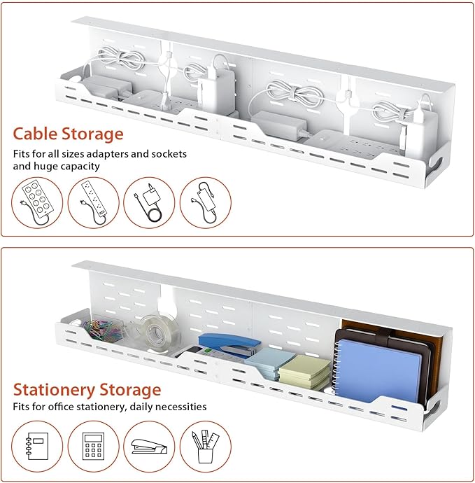 Univivi Under Desk Cable Management Tray - 32" Steel Cord Organizer, No-Drill C-Clamp & Screw Mount for Office/Home, Effortless Wire Management (White)