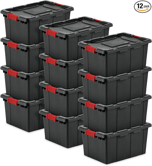 Sterilite 12-Pack Industrial Tote, Plastic Storage Bins with Lids, 15 Gallon, Black - Heavy-Duty Organizing Containers for Closet, Bathroom, and Office