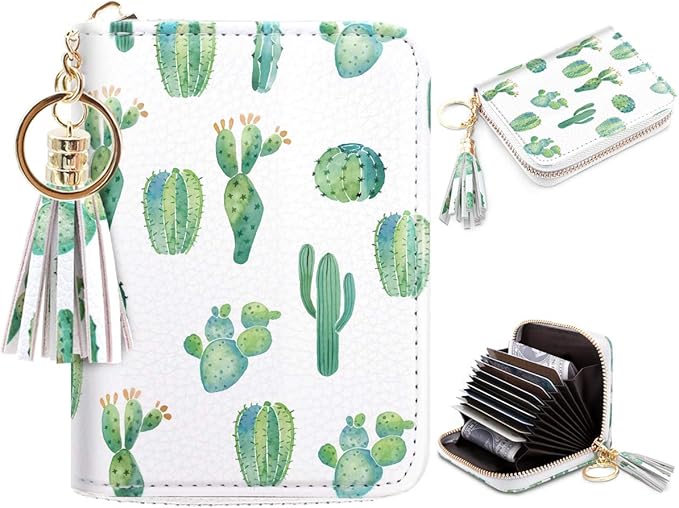 Coco Rossi Women's Small Credit Card Wallet RFID Cute Cactus Card Holder for Women with Kaychain & Keyring, Cactus