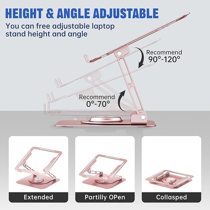 Laptop Stand for Desk, Adjustable Computer Stand with 360° Rotating Base, Ergonomic Laptop Riser for Collaborative Work, Foldable & Portable Laptop Stand, fits for All 10-16" Laptops (Rose Gold)