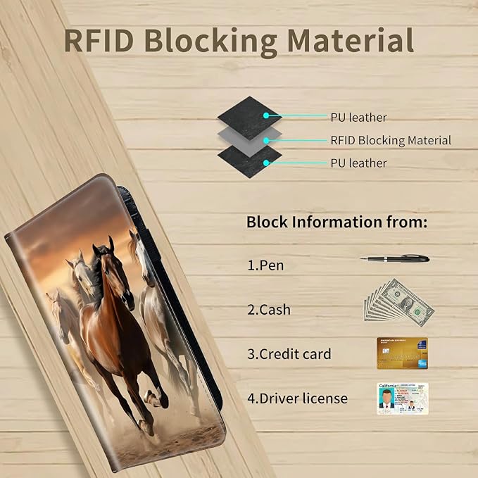 Checkbook Cover for Women & Men PU Leather Checkbook Covers for Personal Checkbook Slim Check Book Credit Card Holder Holder Wallet with RFID Blocking for Duplicate Checks,Running Horse