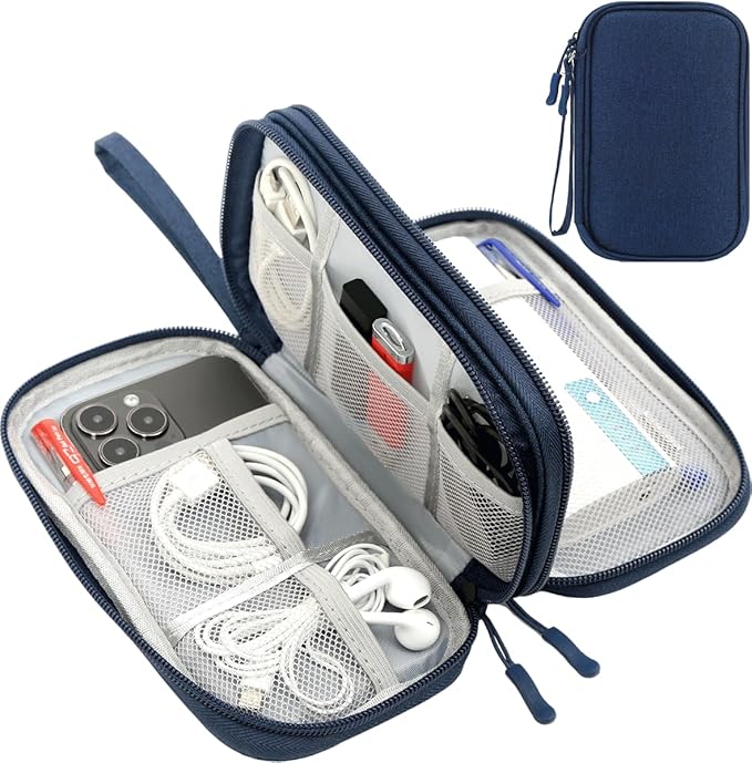 CAAORDKSO Electronic Bag Travel Cable Accessories Bag Waterproof Double Layer Electronics Organizer Portable Storage Case for Cable, USB, Cord, Charger, Phone, Power Bank, Earphone (Navy Blue, Large)
