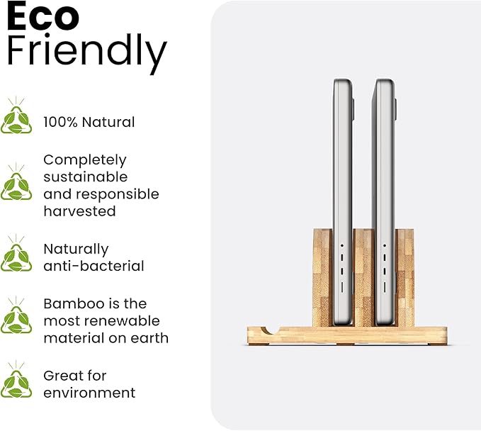 Kothar Premium Wood Vertical Laptop Stand - Adjustable Dual Slot Bamboo Holder for MacBook, Dell, HP, and More | Space-Saving Desktop Organizer | Eco-Friendly, Sleek & Durable Design