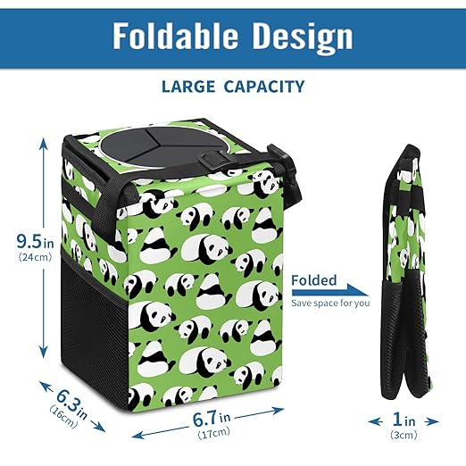 Car Trash Can Panda Collection Wate-rproof Auto Garbage Bag Car Trash Can with Lid Leak-Proof Car Storage Bag Hanging for Headrest Collapsible and Portable with Storage Mesh Pocket