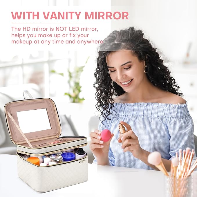 HXLGMD Large Makeup Bag with Mirror Double Layer Travel Make Up Organizer Case, Large Capacity Coemetic with Brush Slot Divider, Travel Toiletry Bag for Women - White/Beige