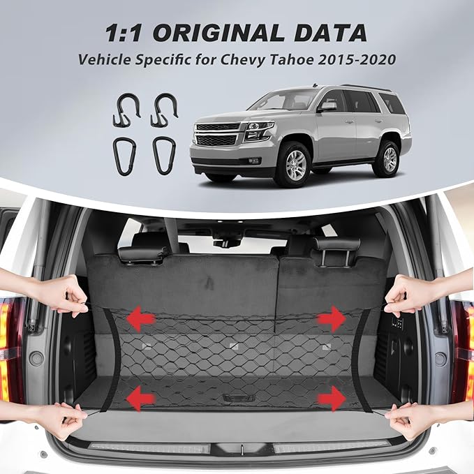 Karltys Cargo Net for Chevy Tahoe/Suburban/GMC Yukon 2015-2020 Envelope Style | Elastic Mesh Net | Heavy Duty | Metal Hooks | Chevrolet Tahoe Trunk Net Accessories