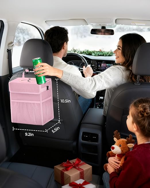 Corduroy Car Trash Can with Lid and Mesh Pockets - Leakproof Organizer,Multipurpose Waterproof Garbage Can/Trash Bin for Car(Light Pink-2 Gallons)