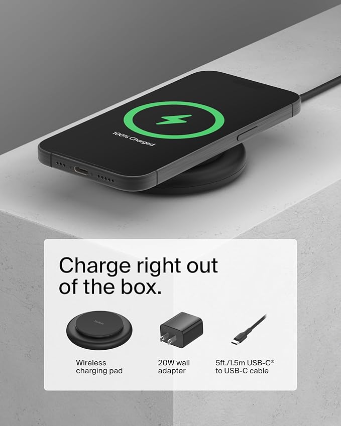 Belkin Magnetic Wireless Charging Pad 15W - MagSafe-Compatible Qi2-Certified Wireless Charger for iPhone 16 Series, Samsung Galaxy S25, AirPods, & More w/Non-Slip Base, Power Supply Included - Black
