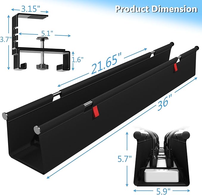 Litwaro Under Desk Cable Management Tray No Drill, 36" Cord Organizer with Clamp for Standing Desk, Premium Fabric Cable Tray with Wire Management for Office Home, Black