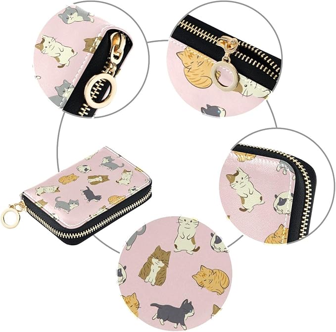 Cute Cat RFID Credit Card Holder Wallets Accordion for Women Leather Zipper Card Case Accordion Wallet for Ladies Girls