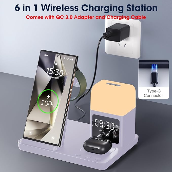 Wireless Charger for Samsung/Android, 6 in 1 Phone Nightstand Charging Station Charger with Alarm Clock/Night Light for Samsung S25/S24/S23 Ultra/Buds3,Watch Charger for Galaxy Watch 8/7/6/5-Purple